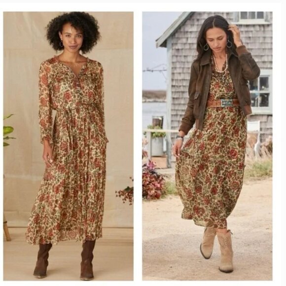 Sundance Litzy Bloom Dress Womens XXS Floral Ruffle Long Sleeve Boho Midi Sheer - Picture 1 of 6